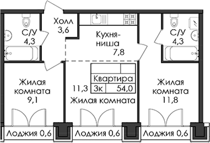 2-комнатная квартира 54 м², 8/9 эт., ЖК «Лермонтовский 54»